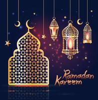 Ilustración islámica de Ramadán Kareem con linterna linda 3d y estrella y luna y mezquita. vector