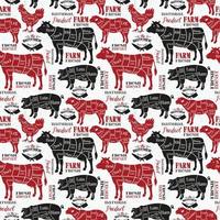 Meat cuts. Diagrams for butcher shop. Animal silhouette. Vector illustration. Seamless pattern.