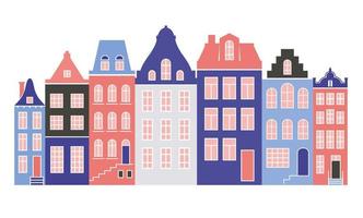 Row of Amsterdam style houses. Facades of European old buildings for Christmas decoration. Vector flat illustration