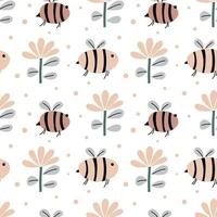 Cute bee and flowers seamless vector baby pattern on isolated white scandinavian background. For children fabric, cloth, backdrop, wallpaper. Printable format