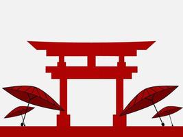 Fondo del día de la cultura japonesa o diseño de tarjeta de felicitación. Ilustración de la puerta japonesa y wagasa o paraguas tradicional japonés sobre fondo blanco y área de espacio de copia. vector