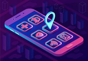 Smart city app isometric architecture concept. Web banner with application icons. Futuristic 3d city smartphone app map with pinpoint. Internet of things. Isolated vector illustration