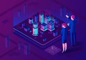 Smart city isometric illustration. Business center with smart buildings. Intelligent buildings concept. Futuristic 3d city architecture map. Internet of things. Isolated vector