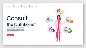 Consulting nutritionist landing page vector template. Dietitian recommendations website interface idea with flat illustrations. Vitamin balance homepage layout. Web banner, webpage cartoon concept