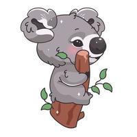 Lindo personaje de vector de dibujos animados koala kawaii. animal adorable y divertido sentado en la rama y comiendo hojas de eucalipto pegatina aislada, parche. anime bebé koala emoji sobre fondo blanco