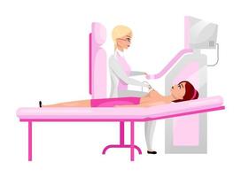 Woman breast ultrasound exam flat illustration. Therapist performing diagnostic medical sonography of female chest. Breast screening concept. Patient and ultrasonography physician cartoon characters vector