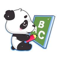 Cute panda drawing on school board with pencil kawaii cartoon vector character. Adorable and funny animal studying alphabet isolated sticker, patch. Anime baby panda bear emoji on white background