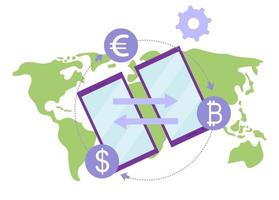 Ilustración plana de transferencia de dinero. concepto de tasas de conversión de moneda y transacciones financieras internacionales. servicio de remesas. pasarela de pago electrónica, fintech. Metáfora de pagos globales peer to peer vector