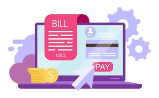 Bill pay flat vector illustration. Online payment, instant credit card transactions isolated cartoon concept on white background. Online receipt, invoice. Banking service. Epayment, ewallet account