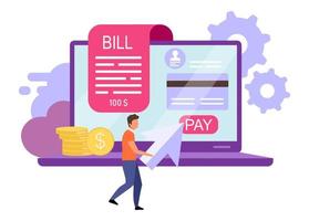 Invoice payments flat vector illustration. Bill pay, online receipt cartoon concept. Internet banking account. Ebanking user. Credit cards transactions, instant money transfer by click metaphor