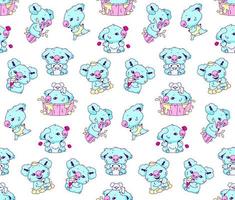 Cute koala kawaii color vector seamless pattern. Adorable and funny animal bathing, eating ice cream, sitting on branch wrapping paper, wallpaper. Anime baby koala character on white background