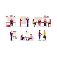 Office routine, coworking flat illustrations set. Colleagues, coworkers, partners and managers working isolated cartoon characters. Business meeting, project management, working process organization vector