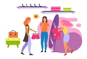 Clothing store flat vector illustration. Buyer choosing outfit at mall, boutique. Shop assistant helping customer. Buying clothes with friends isolated cartoon character on white background