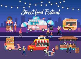 Street food festival poster vector template. City fest. Brochure, cover, booklet page concept design with flat illustrations. Meal sale, resting people. Advertising flyer, leaflet, banner layout idea