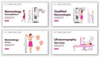 Mammography landing page vector templates set. Screening tests for breast cancer website interface idea with flat illustrations. Medical ultrasonography homepage layout. Web banner, webpage concept