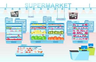 Ilustración de vector plano de departamentos de supermercado. estantes con diferentes productos. divisiones de verduras, carnes, mariscos, frutas y lácteos. interior de la tienda de comestibles. consumismo y mercaderia