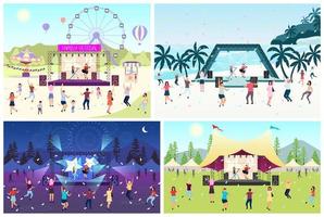Music festival flat vector illustration set. Open air live performance. Rock, pop musician concert in park, camp. People having fun outdoors in summer. Beach party. Dancing cartoon characters
