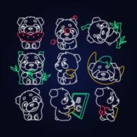 lindo paquete de personajes de luz de neón kawaii panda. adorable y divertido animal comiendo sandía, durmiendo, regreso a la escuela pegatina aislada, parches establecidos. anime bebé bebé oso doodle emojis contorno iconos vector