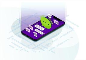 Incoming message isometric vector illustration. Using smartphone. Messages and calls manager. Mobile communication infographic. Messenger. Chatting 3d concept. Mobile app design