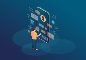 Messenger isometric color vector illustration. Virtual UI. Person using smartphone. Online communication. Augmented reality. Personal organizer, reminder. Chatting. Webpage, mobile app 3d concept