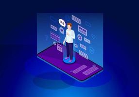 Social media isometric color vector illustration. Person using smartphone. Online communication. SMM. Blogging. Digital service infographic. Messenger. Future marketing. Webpage, mobile app 3d concept