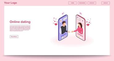 Online dating webpage vector template with isometric illustration. Virtual handshake. Messaging, liking website interface design. Matchmaking pink webpage, mobile app 3d concept