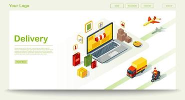 Delivery web page vector template with isometric illustration. Freight and cargo shipment. Website interface design idea. Landing page layout. Web banner, webpage color 3d concept