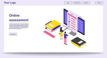 Online assessment webpage vector template with isometric illustration. Students completing exam, knowledge checkup. E-courses website interface design. Remote education webpage, mobile app 3d concept