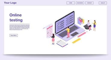 Online testing webpage vector template with isometric illustration. Student testing, education website interface. Computer display with exam forms. Examination test webpage, mobile app 3d concept