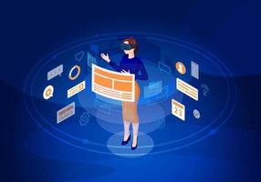 VR isometric vector illustration. Virtual reality interface and navigation. Futuristic digital technology. Virtual interactive screen. Augmented reality 3d concept. Player in VR glasses. Web banner