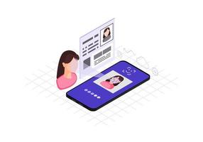 Faceprint analysis application isometric color vector illustration. Facial recognition software infographic. Face ID scan 3d concept. Biometric identification. Webpage, mobile app design