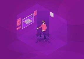 VR game isometric vector illustration. Virtual reality gaming experience. Futuristic digital technology. Person playing 3d concept. Gamer in VR headset with controllers. Web banner, presentation idea