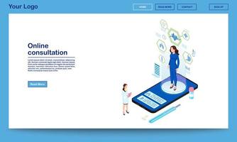 Online consultation service isometric landing page template. Remote internal organs diagnostics. 3d patient hologram with distance organism scanning technology. Modern medical research center webpage vector