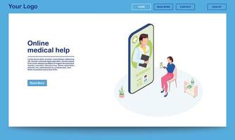 Online medical help isometric webpage template. 3d patient explaining symptoms using ehealth mobile app. Remote doctor consulting client. Telemedicine smartphone application promotion homepage vector