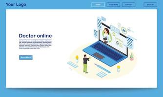 Doctor online service isometric landing page template. 3d physician consulting patient, prescribing medicine. Ehealth system promo website with text space. Client contacting remote medical specialist vector