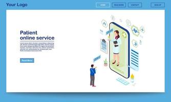 Patient support online service isometric homepage template. Remote medical consultant prescribing pills. Traumatologist consulting client via internet. Telemedicine technology mobile app promo webpage vector