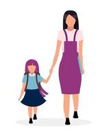 Mother with daughter going to kindergarten flat vector illustration. Older and younger sisters holding hands cartoon characters isolated on white background. Preteen schoolgirl and parent together