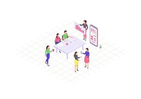 Teamwork isometric color vector illustration. Business presentation. Coworking. Corporate meeting infographic. Annual report 3d concept. Marketing strategy discussion. Webpage, mobile app design