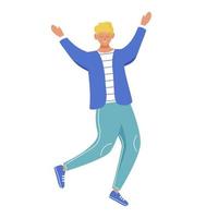 Happy man flat vector illustration. Adolescent smiling person in casual clothes. Party celebration. Full body caucasian teenager boy jumping for joy isolated cartoon character on white background