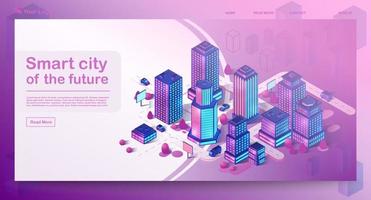 Smart city isometric architecture concept. Web banner with neon modern buildings. Futuristic city. 3d infographics. Intelligent buildings with signs. Internet of things. Isolated vector illustration