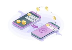 Ilustración de vector isométrica de transferencia de dinero internacional. transacción de criptomonedas. infografía de banca móvil. enviar dinero. Billetera digital bitcoin. concepto 3d de pago electrónico. sitio web, diseño de aplicaciones