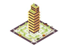 Eco city isometric color vector illustration. Sustainable building with solar grid, tree infographic. Green, sustainable, eco friendly house 3d concept. Renewable energy usage. Isolated design element