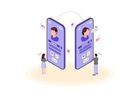 Online chatting isometric color vector illustration. Mobile chat, social network infographic. Peoples social network profiles on smartphone screen 3d concept. Webpage, dating mobile app design