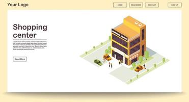 Shopping center webpage vector template with isometric illustration. City mall building with parking. Commerce, retail. Department stores. Website interface design. Webpage, mobile app 3d concept