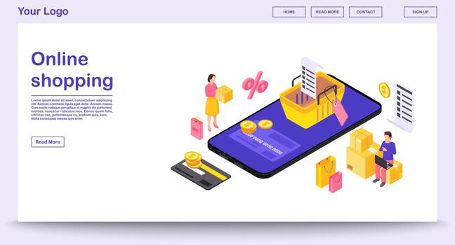 Online mobile shopping app webpage vector template with isometric illustration. Website, mobile application interface design. E-payment nfographic. Shopping smartphone application 3d concept