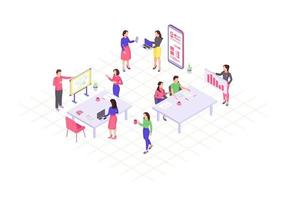 Teamwork isometric color vector illustration. Coworking, collaboration infographic. Marketing research. Project management. Business presentation, conference 3d concept. Webpage, mobile app design