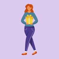 Happy woman with gift box flat vector illustration. Joyful person with present. Smiling caucasian full body girl in casual clothes going for party isolated cartoon character on violet background