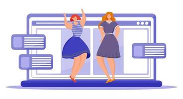 Body positive flat vector illustration. Females in dresses staying on laptop keyboard. Struggle for equality and feminism. Excess weight. Plus size figure. Smiling women cartoon characters