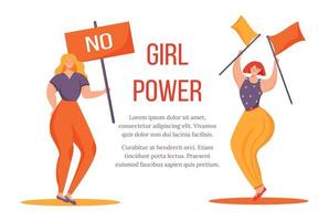 Girl power flat poster vector template. Overweight women with poster and flags isolated cartoon characters on white. Feminism movement. Banner, brochure page, leaflet design layout with place for text