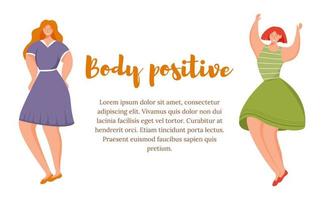 Body positive flat poster vector template. Smiling women isolated cartoon characters on white. Struggle for equality and feminism. Banner, brochure page, leaflet design layout with place for text